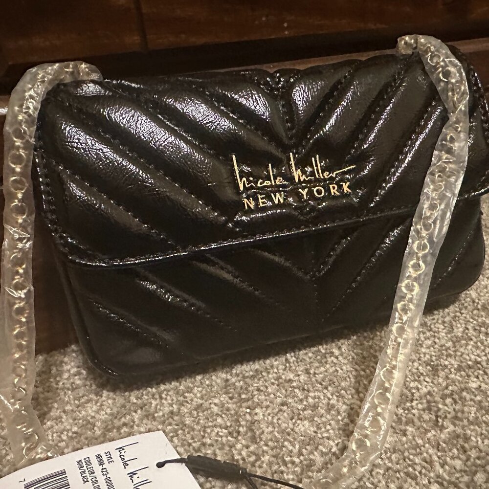 Nicole Miller New York Quilted Black Chevron Crossbody New with tag